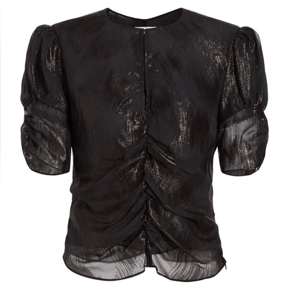 FRAME DENIM Ruched Metallic Jacquard Ruched Puff Short Sleeve Keyhole Blouse Top - Picture 8 of 11